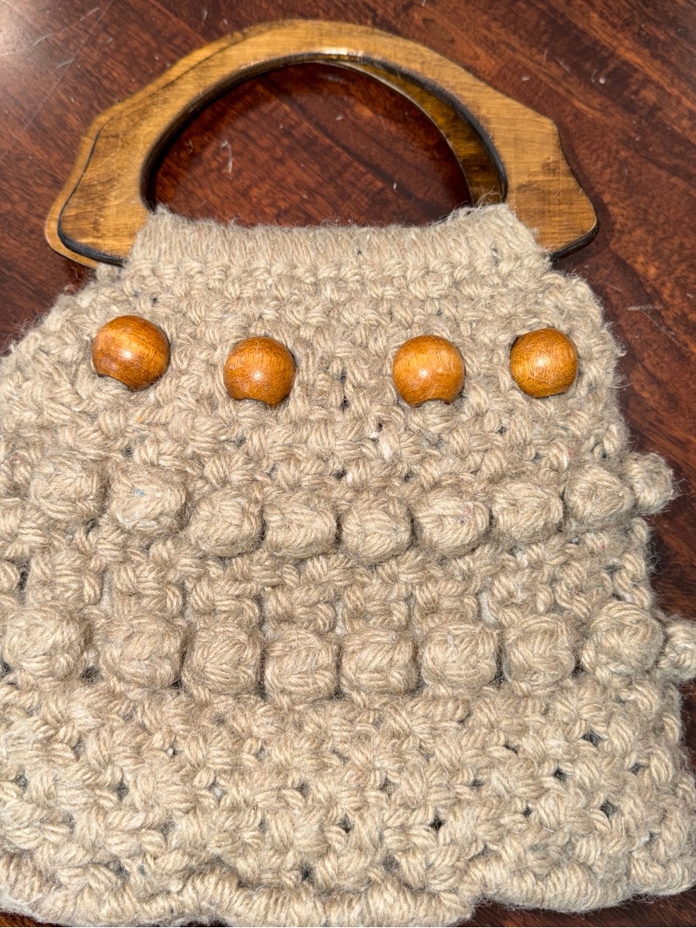 Vintage Handmade Crochet Handbag-Boho Wooden Handles & Bobble Stitch wood beads